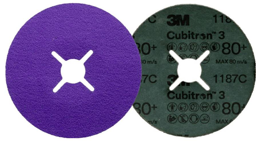 Zwei Schleifscheiben von 3M Cubitron, eine lila und eine grüne, nebeneinander. Jede hat ein zentrales Loch zur Befestigung.