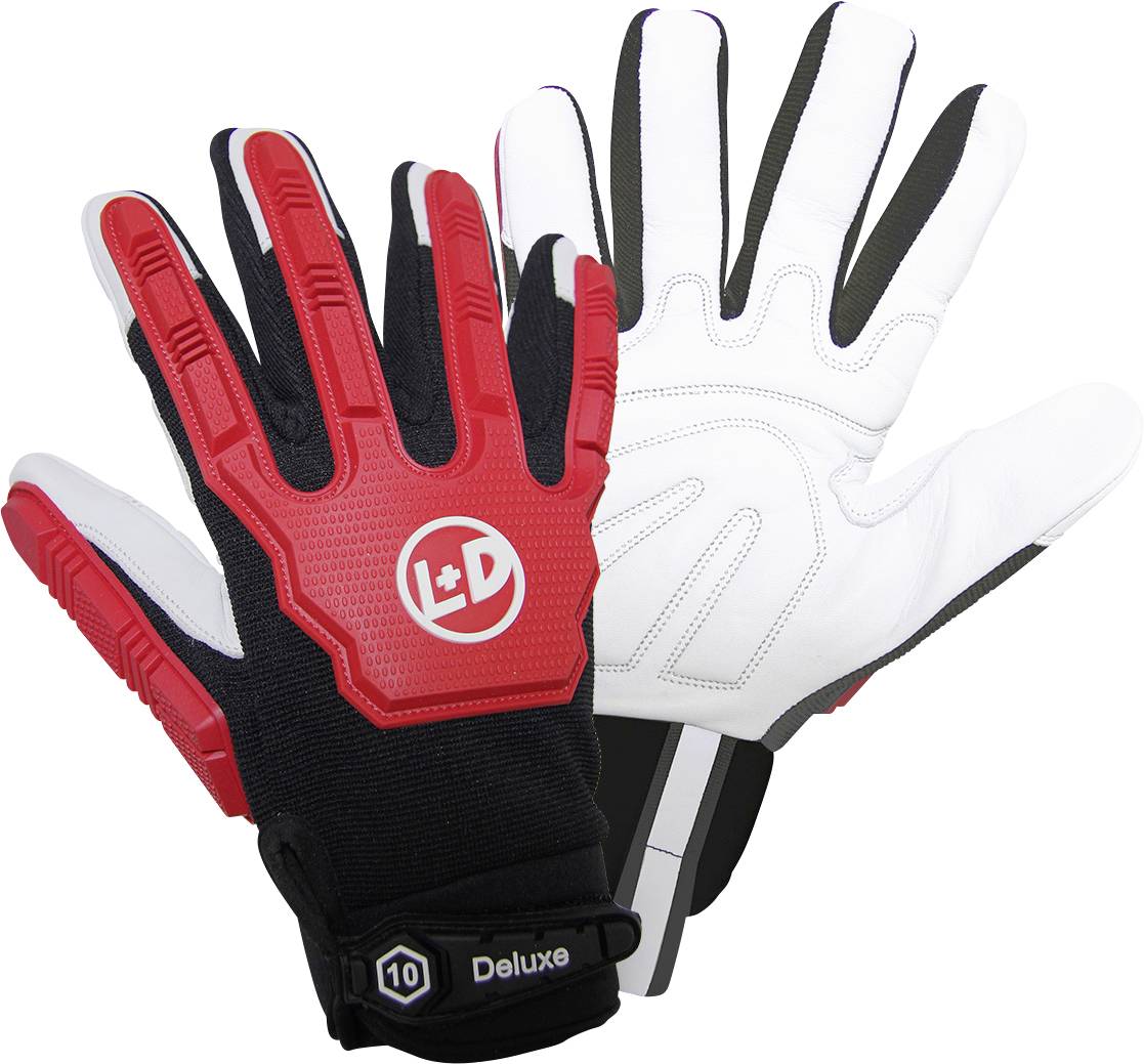 Zwei Arbeitshandschuhe, einer rot-schwarz mit Logo, einer schwarz-weiß, beide mit verstärkten Fingern und Handflächen für Schutz.