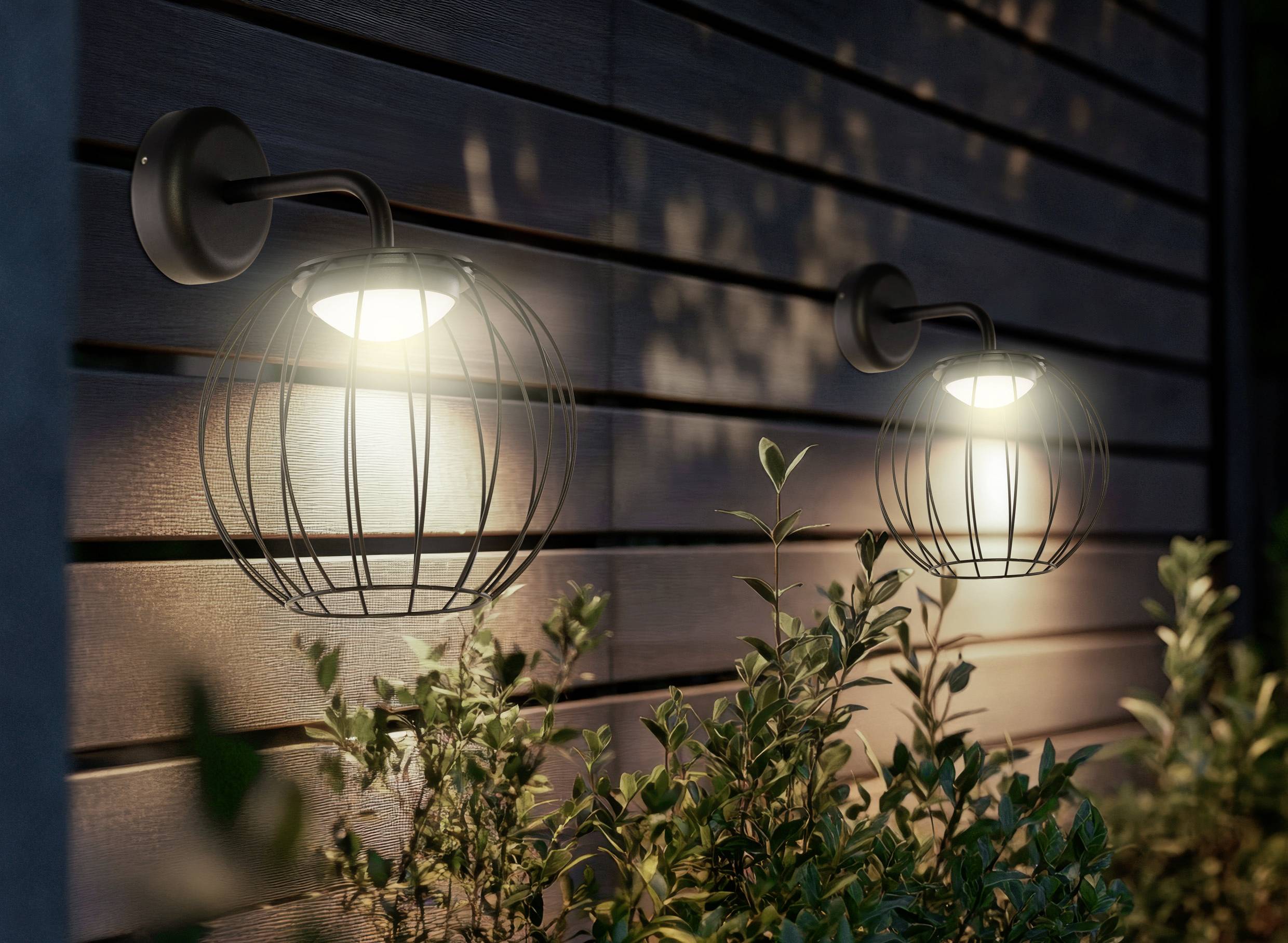Wandaußenleuchten mit Drahtgehäusen beleuchten einen Holzzaun und werfen weiche Schatten neben kleinen belaubten Pflanzen.