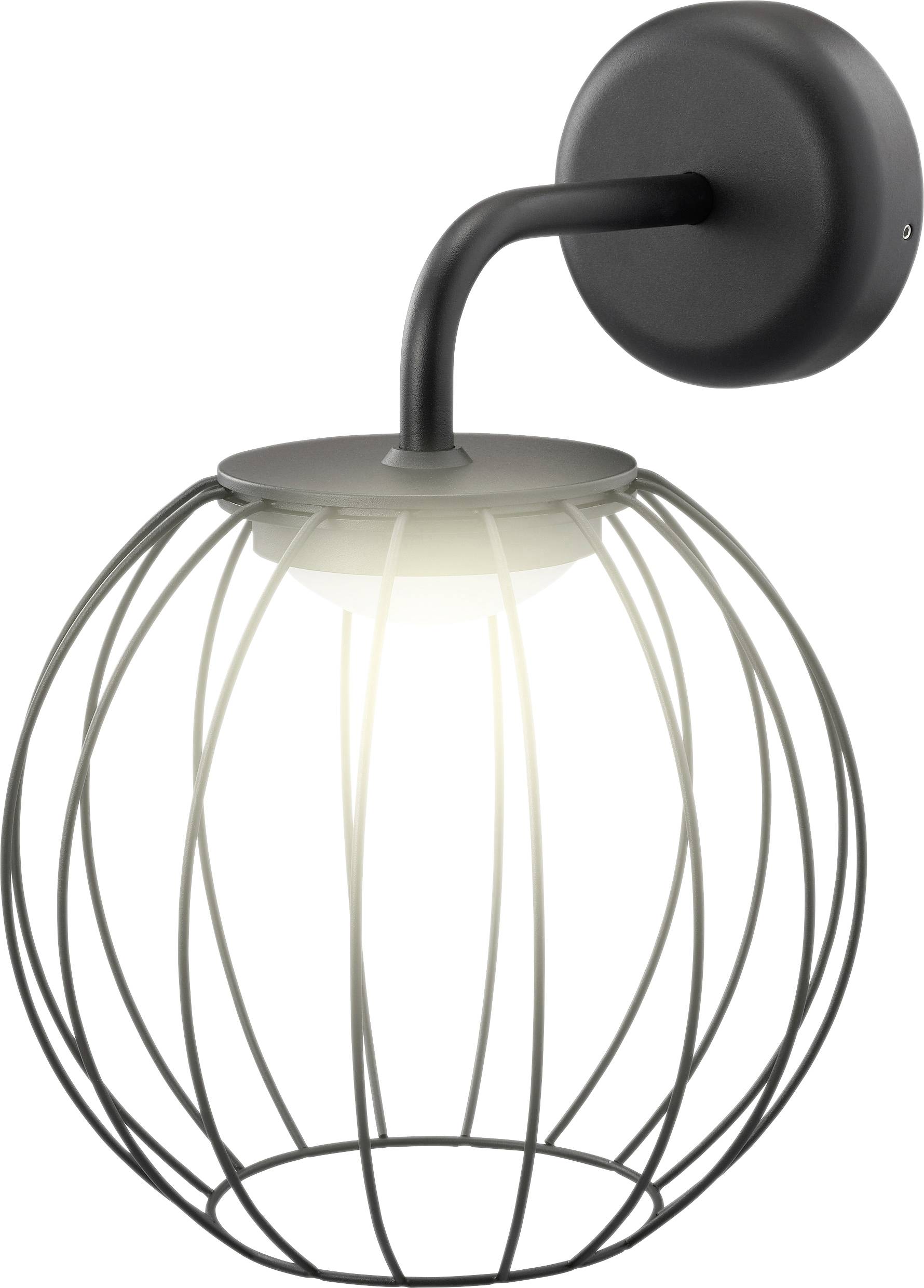 Eine moderne wandmontierte Lampe mit einer sphärischen, offenen Drahtgestaltung und einem weichen, warmen Licht, das von der Glühbirne im Inneren abstrahlt.