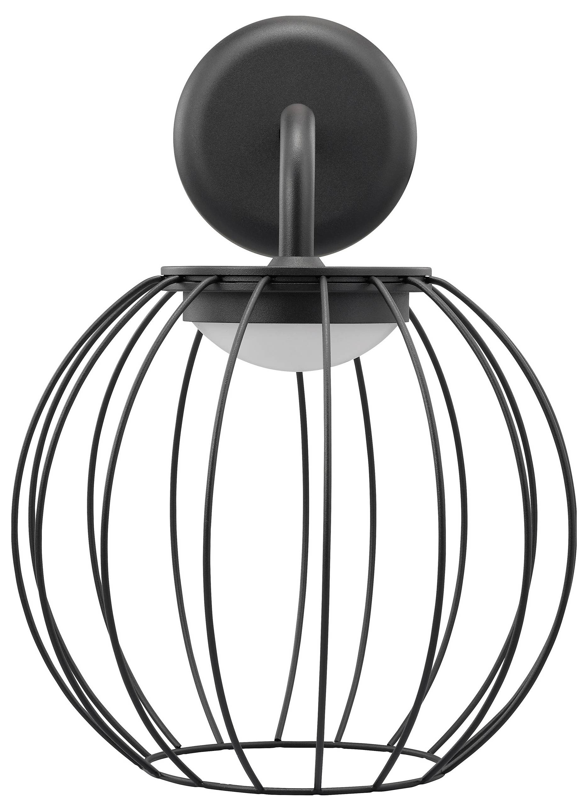 Eine schwarze, moderne Außenwandleuchte mit runder Basis und käfigartiger Konstruktion, die eine Lichtquelle umschließt, passend für zeitgenössische Einrichtungen.