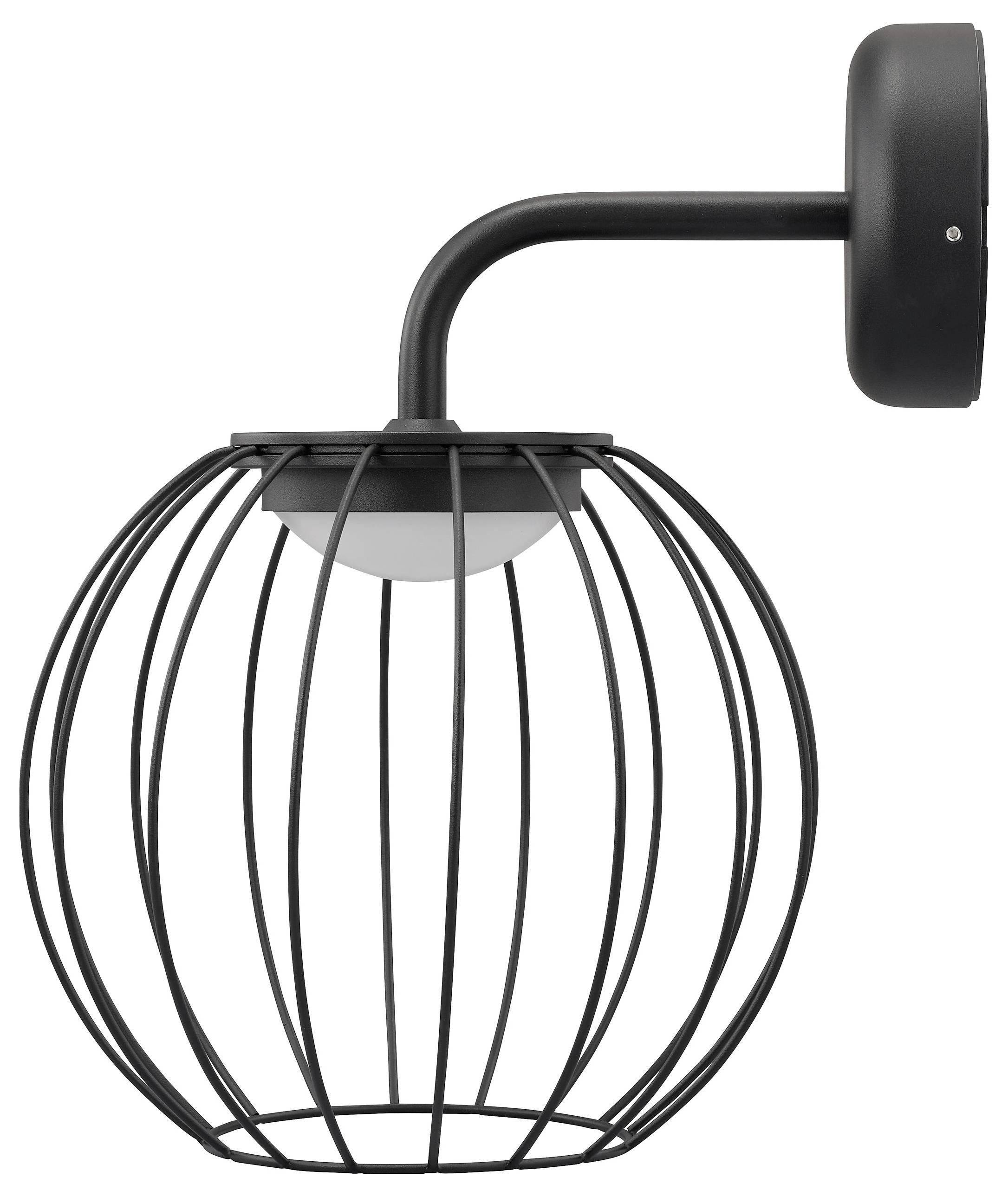 Eine schwarze Wandleuchte mit einer runden Glühbirne, die in einem kugelförmigen Drahtgittergehäuse eingebettet ist.