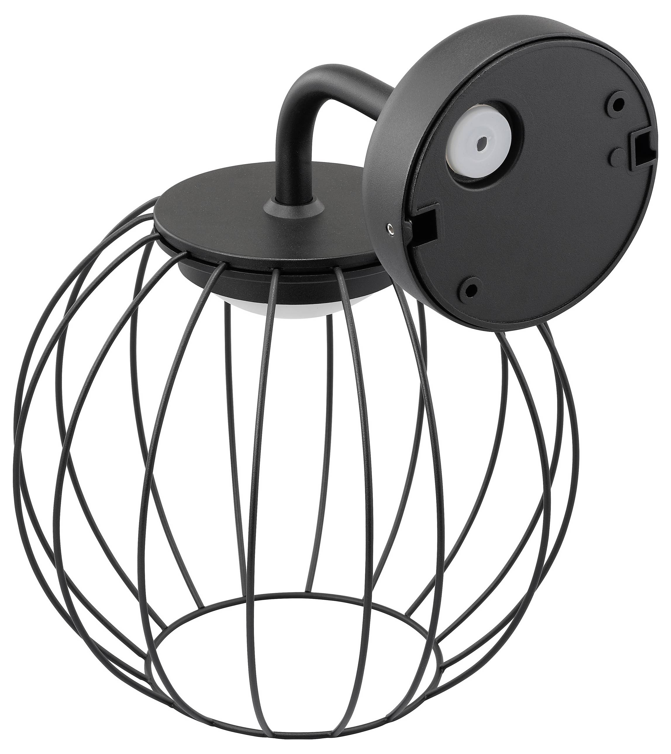 Eine schwarze, käfigförmige Lampenleuchte mit rundem Befestigungssockel, von der Seite betrachtet, die ihr offenes Design und die Glühbirnenaufnahme zeigt.