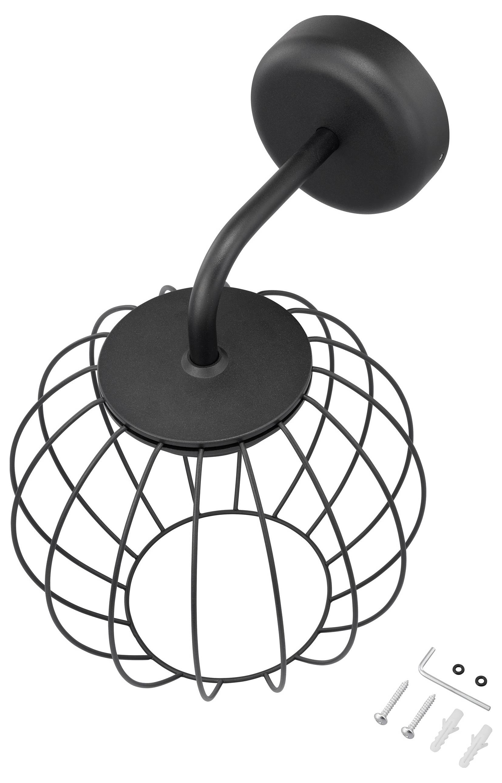Schwarze Metalldraht-Käfiglampe mit Wandhalterung, inklusive Schrauben und Sechskantschlüssel.