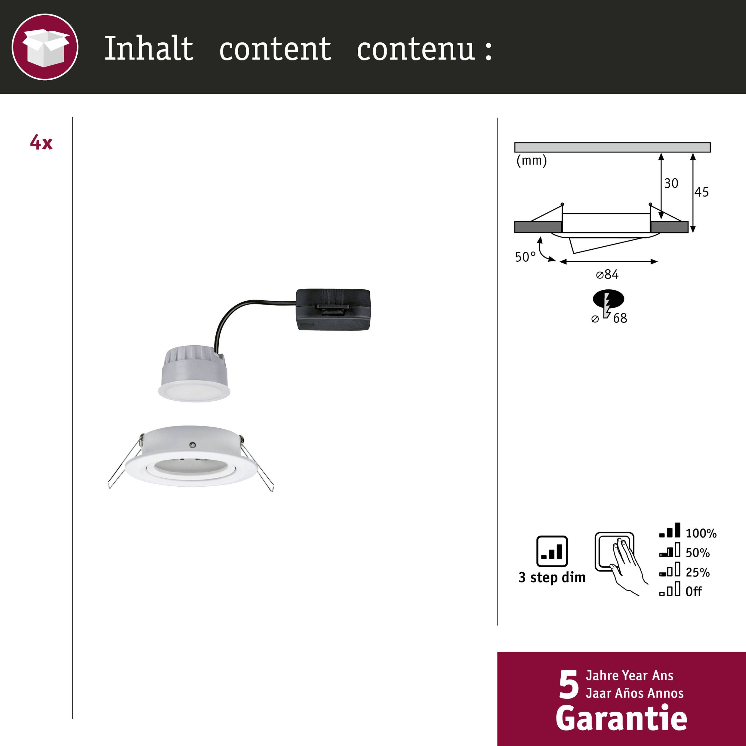 Paulmann 41307 Nova Coin Einbauleuchte 4er Set LED LED 24W Weiß (matt)