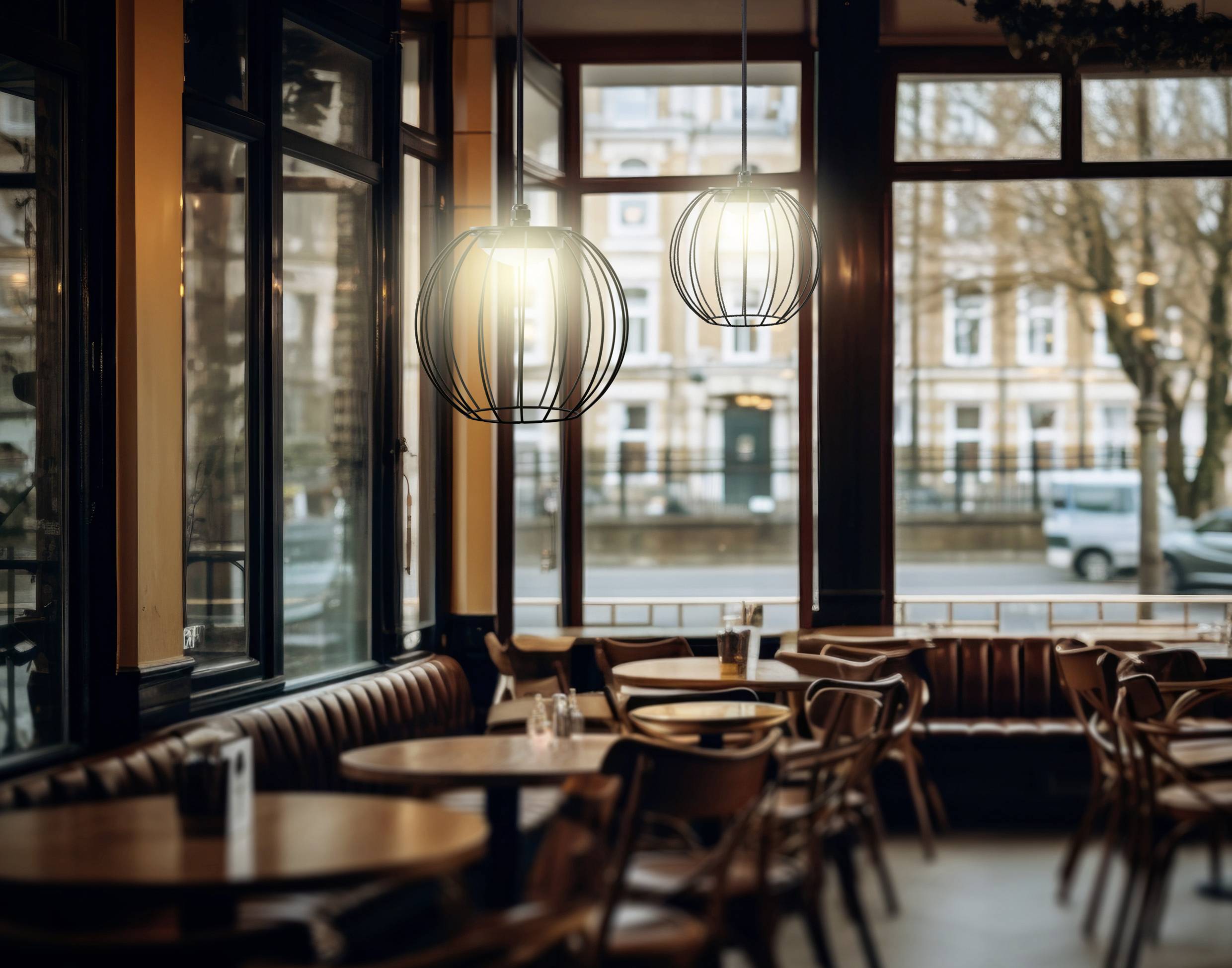 Ein gemütliches Café-Interieur mit Holztischen, Stühlen und hängenden Lampen an hohen Fenstern, die einen Blick auf eine Straße mit Bäumen draußen bieten.