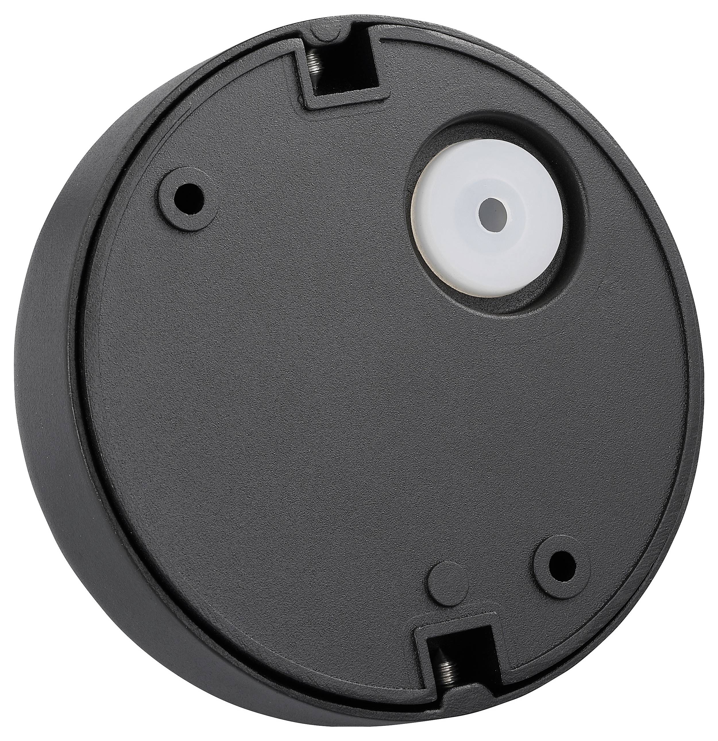 Eine runde, schwarze Kunststoffbasis mit einem kreisförmigen weißen Sensor oder Knopf an der Oberseite. Sie verfügt über zwei Schraublöcher und einen seitlichen Ausschnitt.