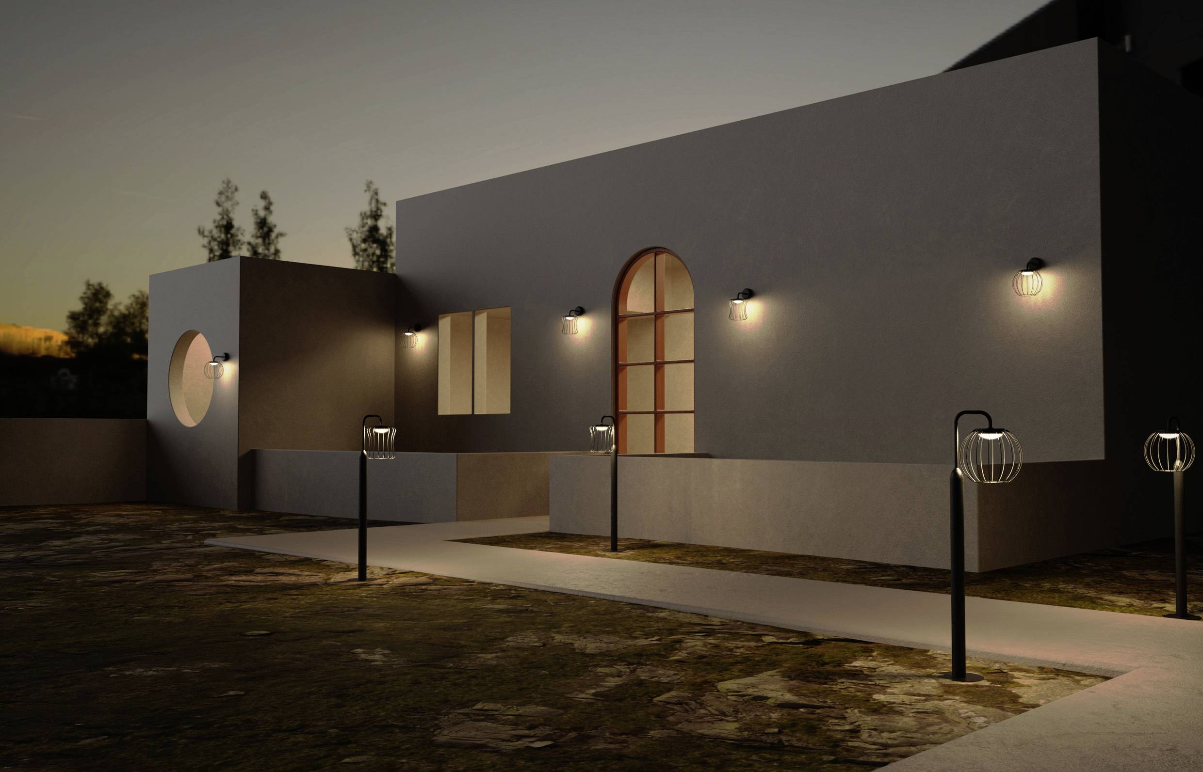 Ein modernes, minimalistisches Haus in der Abenddämmerung mit geometrischen Formen, sanfter Außenbeleuchtung und einem Weg, der zum Eingang führt.