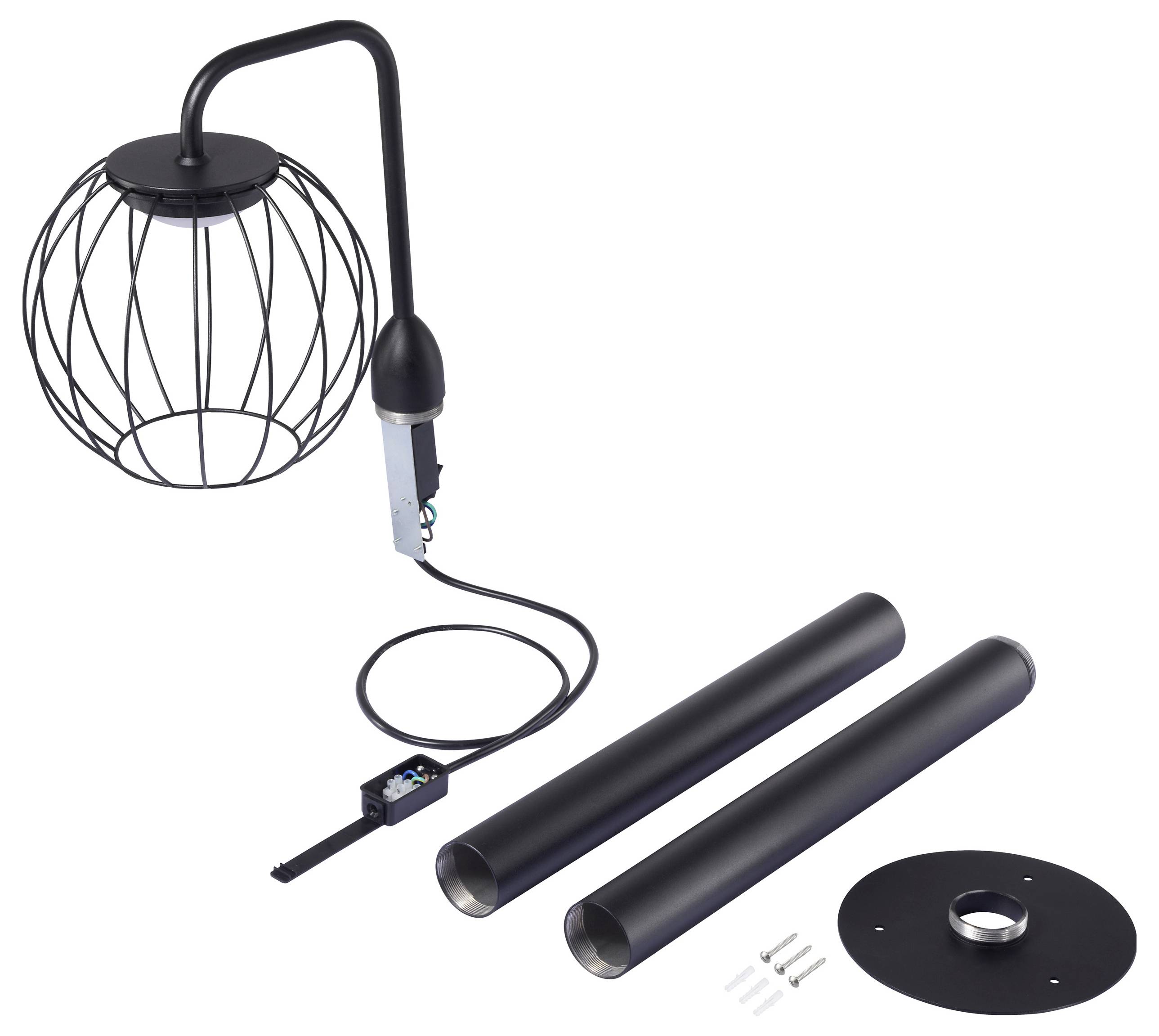 Schwarze Pendelleuchte mit Käfig-Kugeldesign, zwei Verlängerungsstangen, Befestigungshalterung, rundem Sockel und inklusive Schrauben.