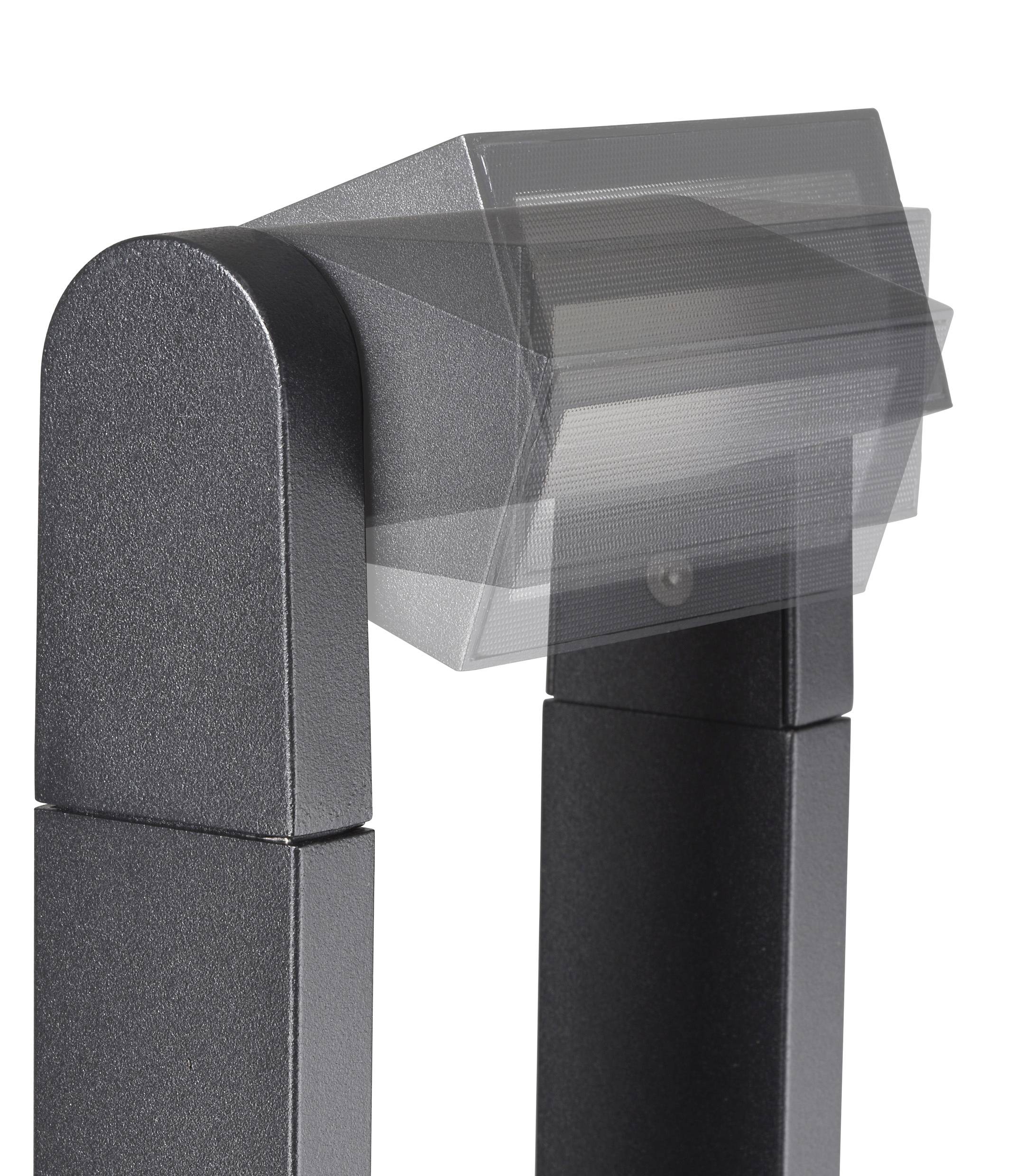 Eine moderne schwarze Außenlampe mit verstellbarem Kopf auf einem hohen Mast, die ein schlankes Design für Garten- oder Wegebeleuchtung präsentiert.