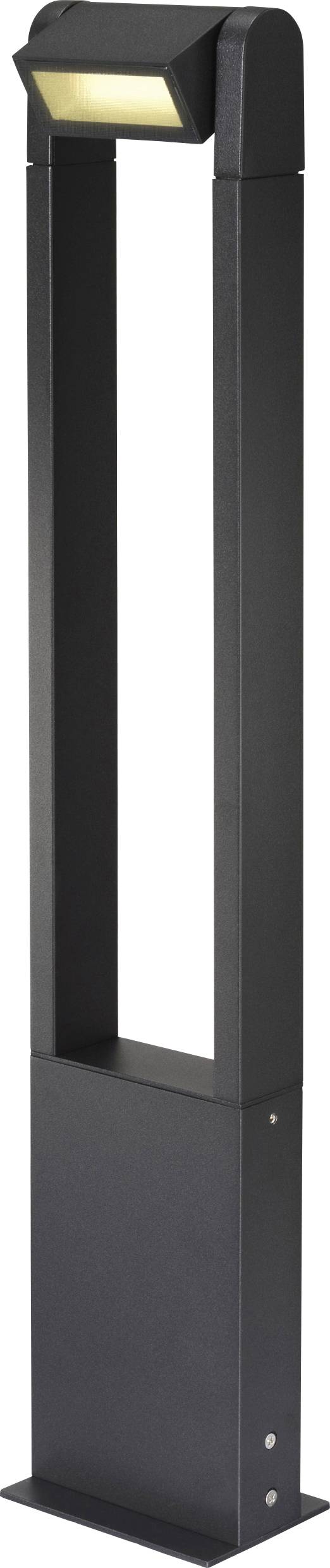 Eine schlanke, moderne schwarze Außenlaterne mit einem rechteckigen Rahmen und einer Lichtquelle an der Spitze, konzipiert für Wegbeleuchtung oder Gartenbeleuchtung.