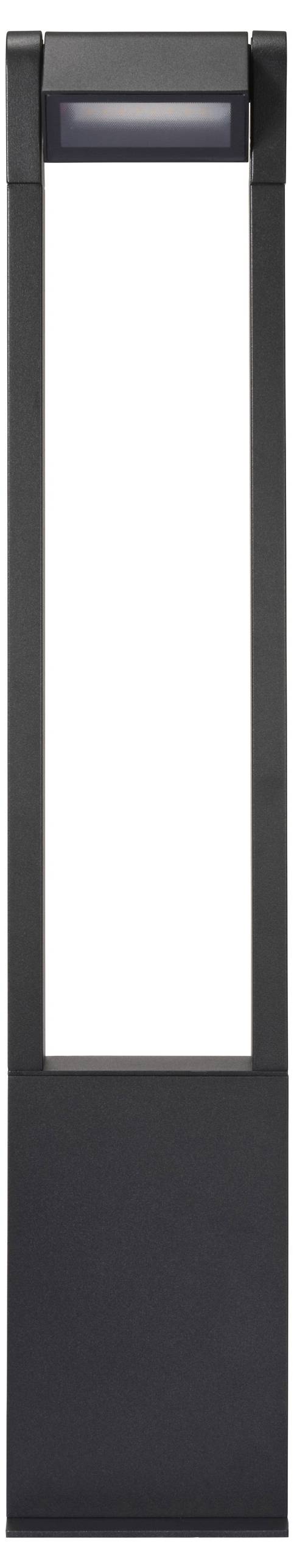 Metallischer Gartenpfahl mit minimalistischem Design und einer Leuchte an der Spitze, verwendet für Außenbeleuchtung.