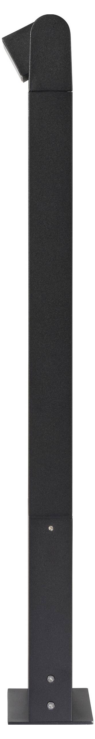 Eine hohe, schlanke schwarze Metallstange mit zwei Bolzen am unteren Ende, wahrscheinlich für strukturelle Zwecke oder als Zaunpfosten verwendet.