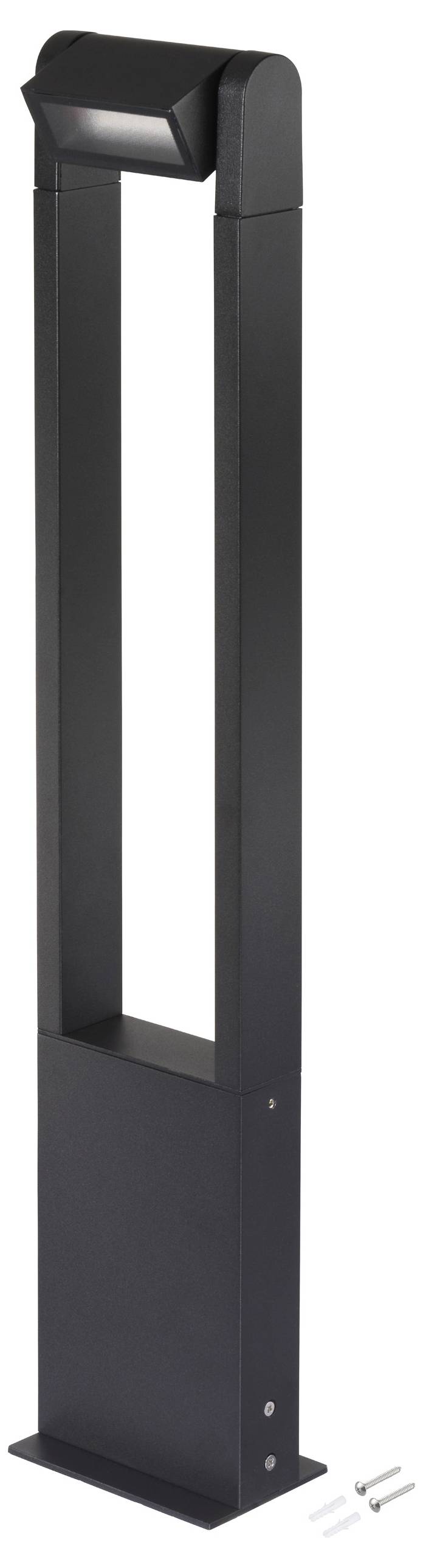 Eine hohe, moderne schwarze Außen-Poller-Leuchte mit rechteckigem Design. Sie umfasst Befestigungsschrauben an der Basis.