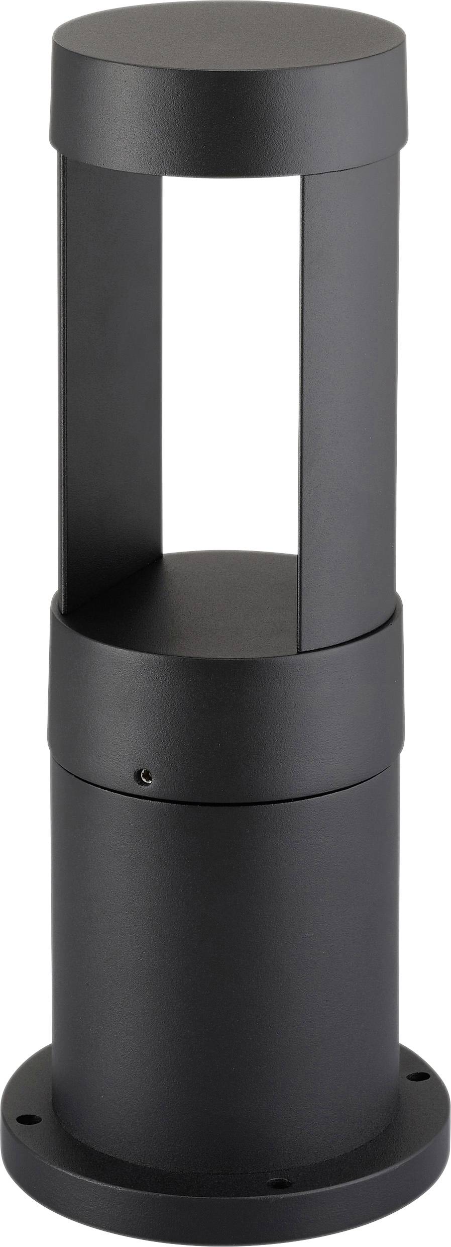 Eine zylindrische schwarze Poller-Leuchte mit einer offenen mittleren Sektion zur Beleuchtung von Wegen.