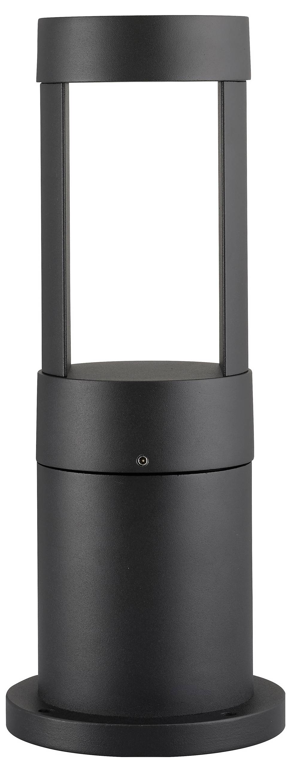 Eine schwarze, zylindrische Außenlampe mit einer offenen mittleren Sektion und einer kreisförmigen Basis.