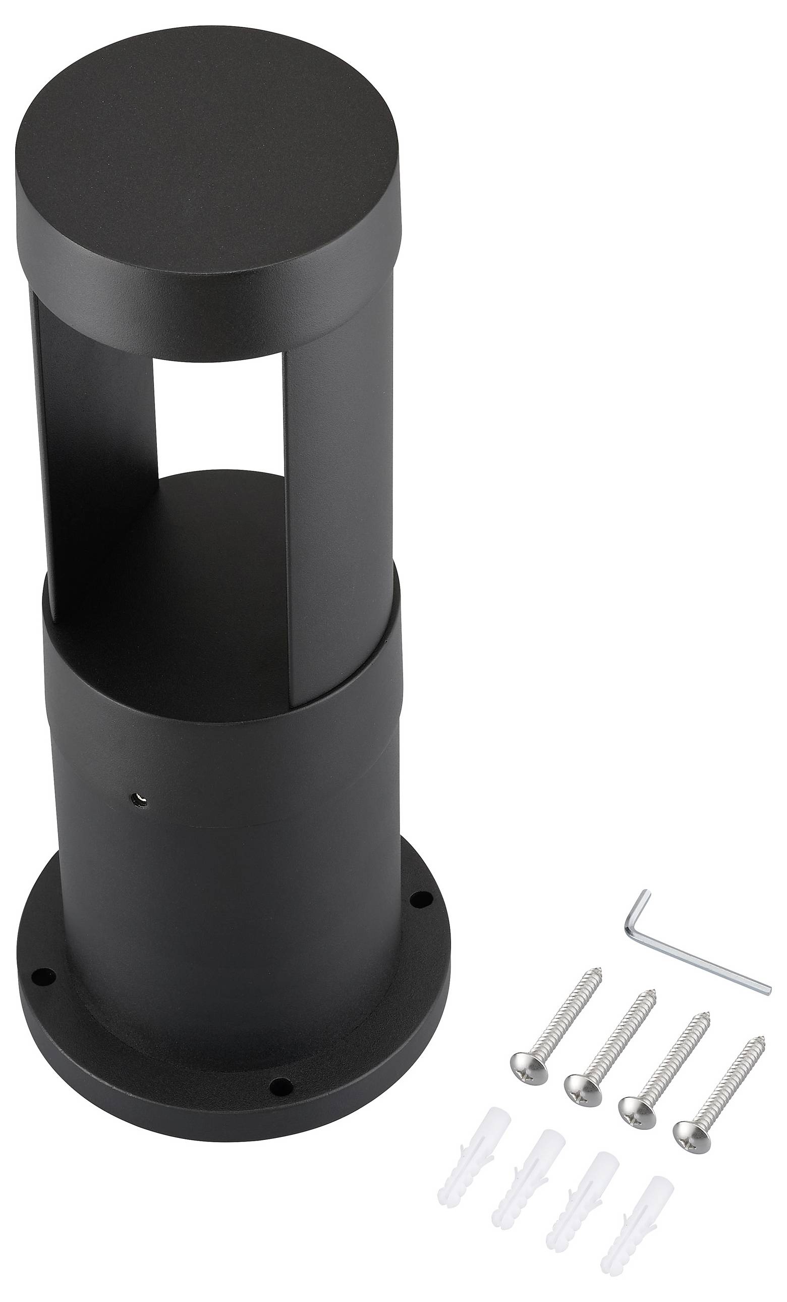 Eine schwarze zylindrische Metallleuchte, die für die Bodeninstallation konzipiert ist, umfasst Schrauben, Dübel und einen Inbusschlüssel für die Montage.