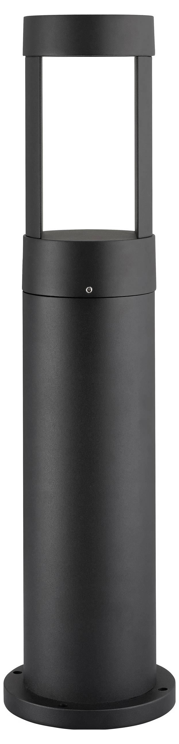 Eine schwarze zylindrische Außenlampe mit offener Gestaltung am oberen Ende.