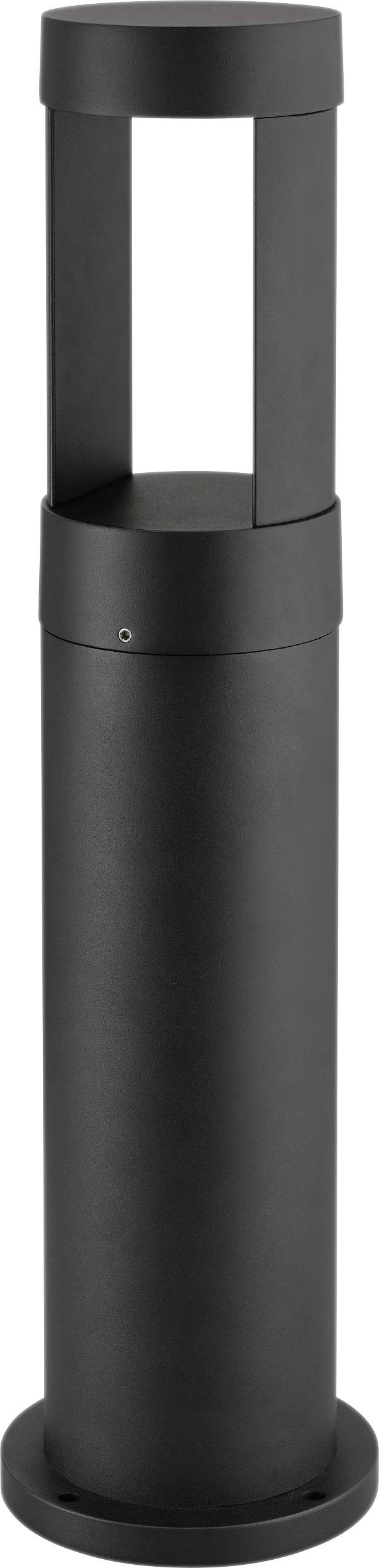 Eine elegante schwarze zylindrische Außenleuchte mit minimalistischem Design, die eine offene Oberseite und drei tragende Streben aufweist.
