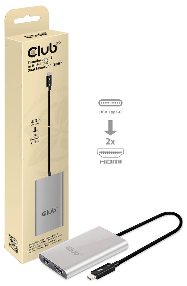 Club3D CSV-1574 Thunderbolt / HDMI Adapter [1x Thunderbolt™ 3 Stecker (USB-C®) - 2x HDMI-Stecker] Grau, Schwarz 0.27m