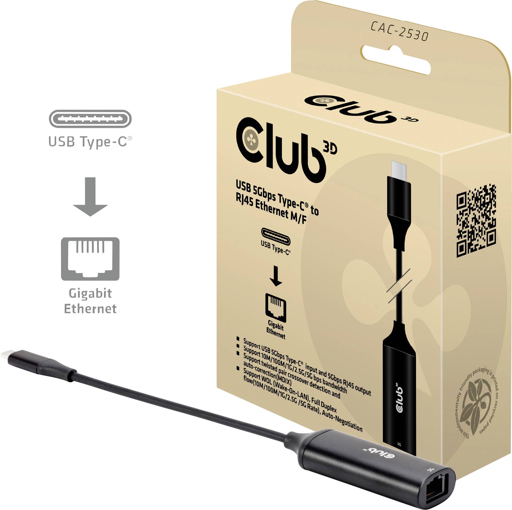 USB-C-zu-RJ45-Gigabit-Ethernet-Adapter von Club 3D, Modell CAC-2530, in schwarz. Verpackung im Hintergrund zeigt Markenlogo.