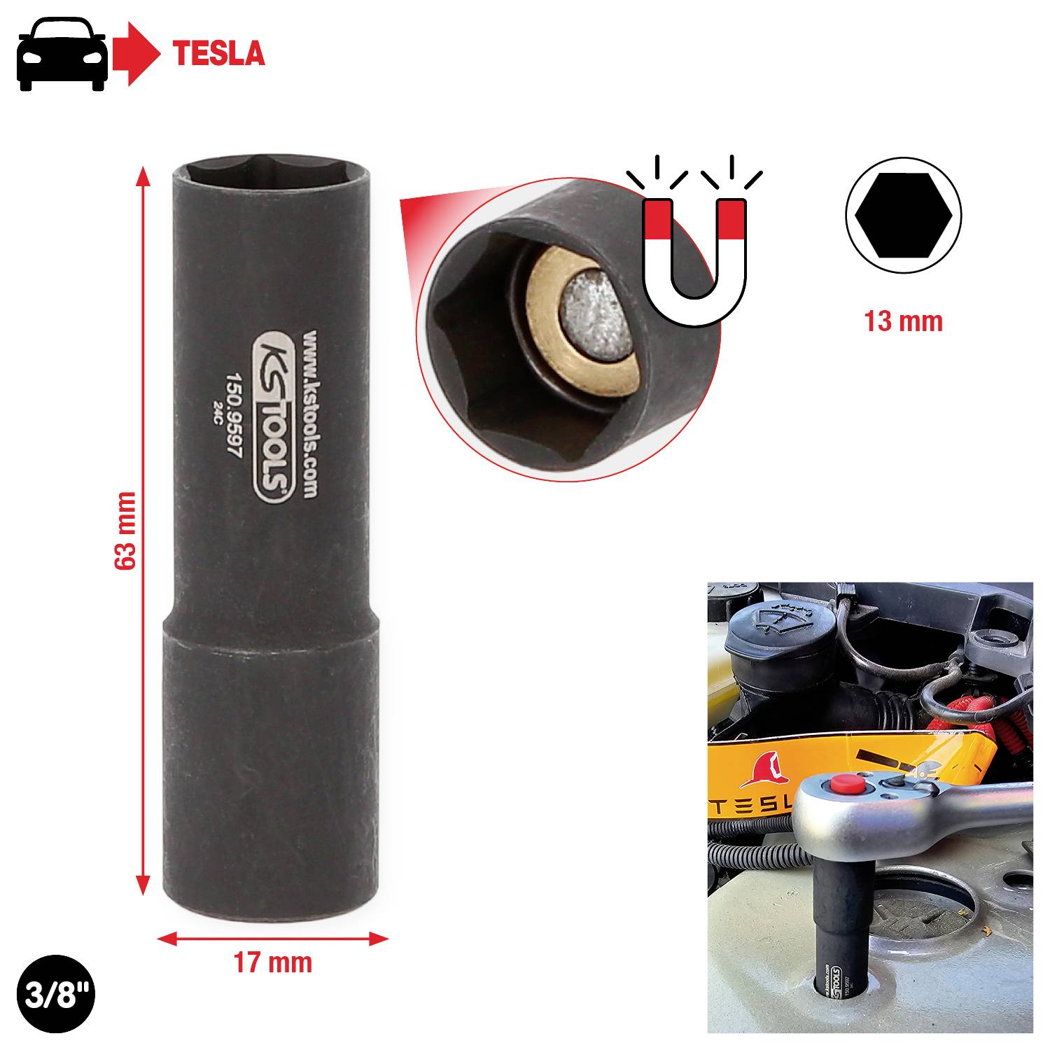 'Lange Stecknuss' für Tesla-Autos, 17 mm Größe, 3/8