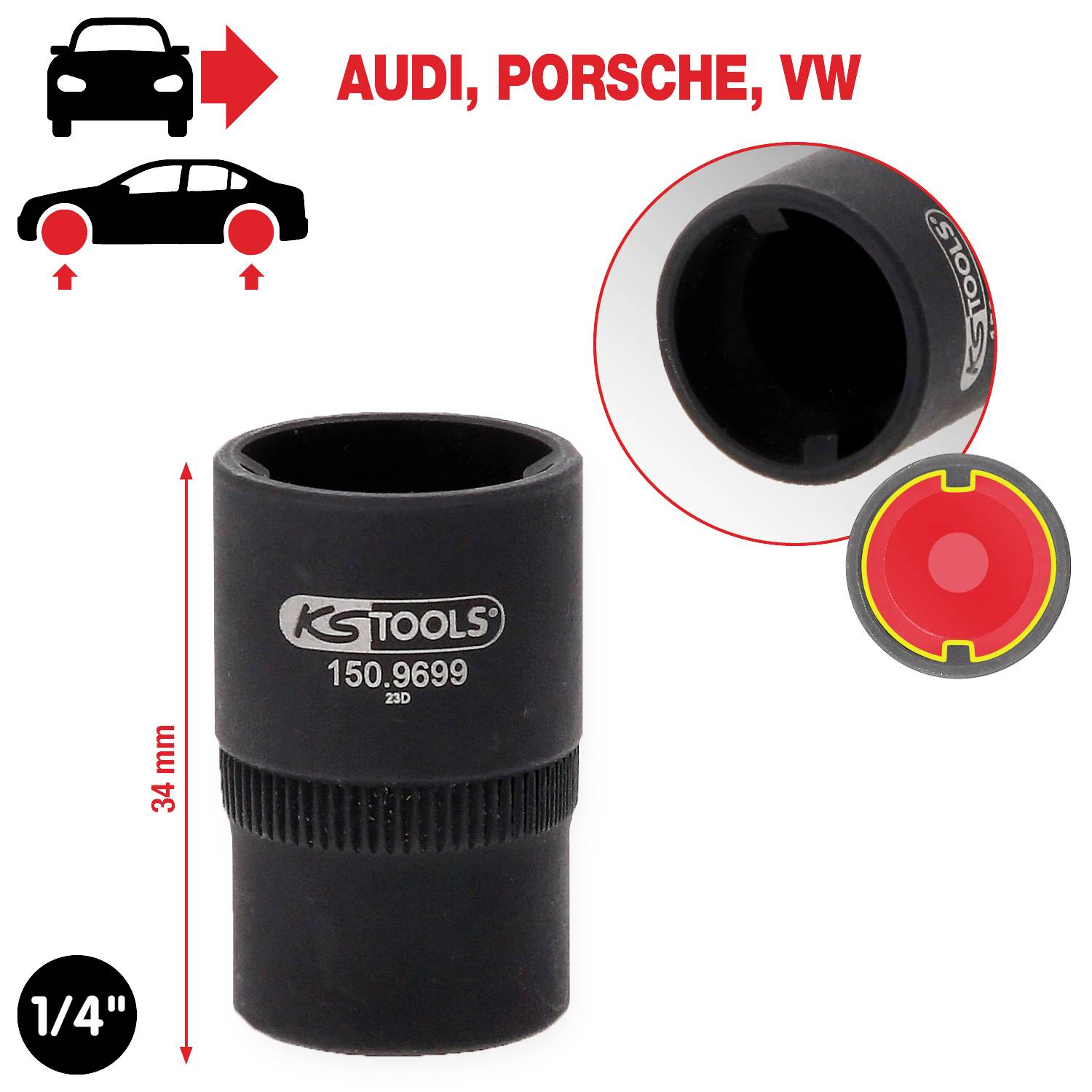 'KS Tools Stecknuss, 34 mm Länge, 1/4 Zoll' für Audi, Porsche, VW. Abgebildet mit schräger Ansicht und Maßangaben.