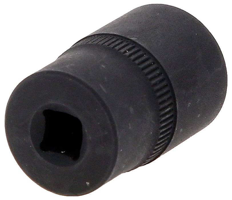 Ein schwarzer Stecknussadapter mit quadratischer Öffnung und geriffelter Oberfläche zur besseren Griffigkeit.