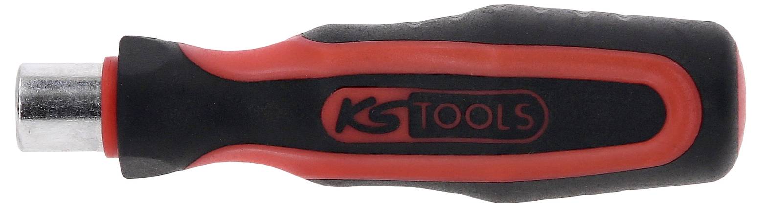 Ein schwarzer Schraubendrehergriff mit rotem Rand und dem Logo 'KS TOOLS'. Der Griff ist ergonomisch geformt und rutschfest.