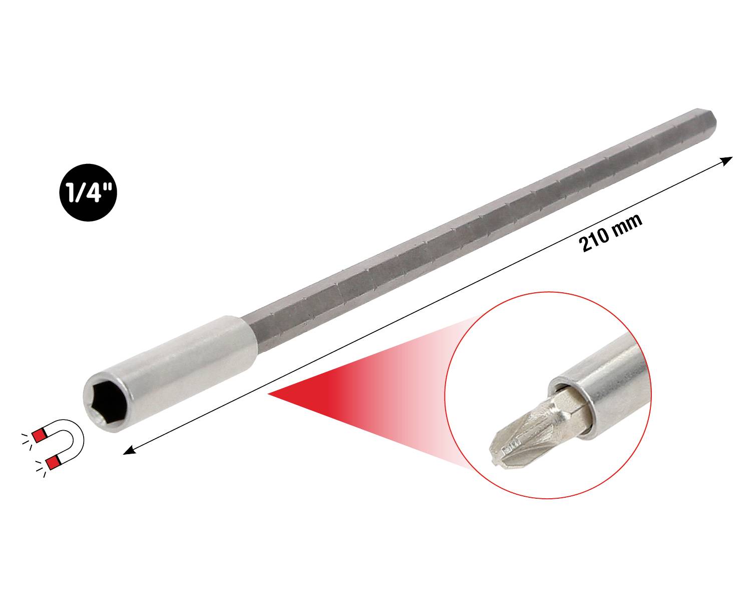 Langer magnetischer Schraubendreher, 210 mm, 1/4 Zoll Durchmesser, Nahaufnahme zeigt magnetische Spitze.