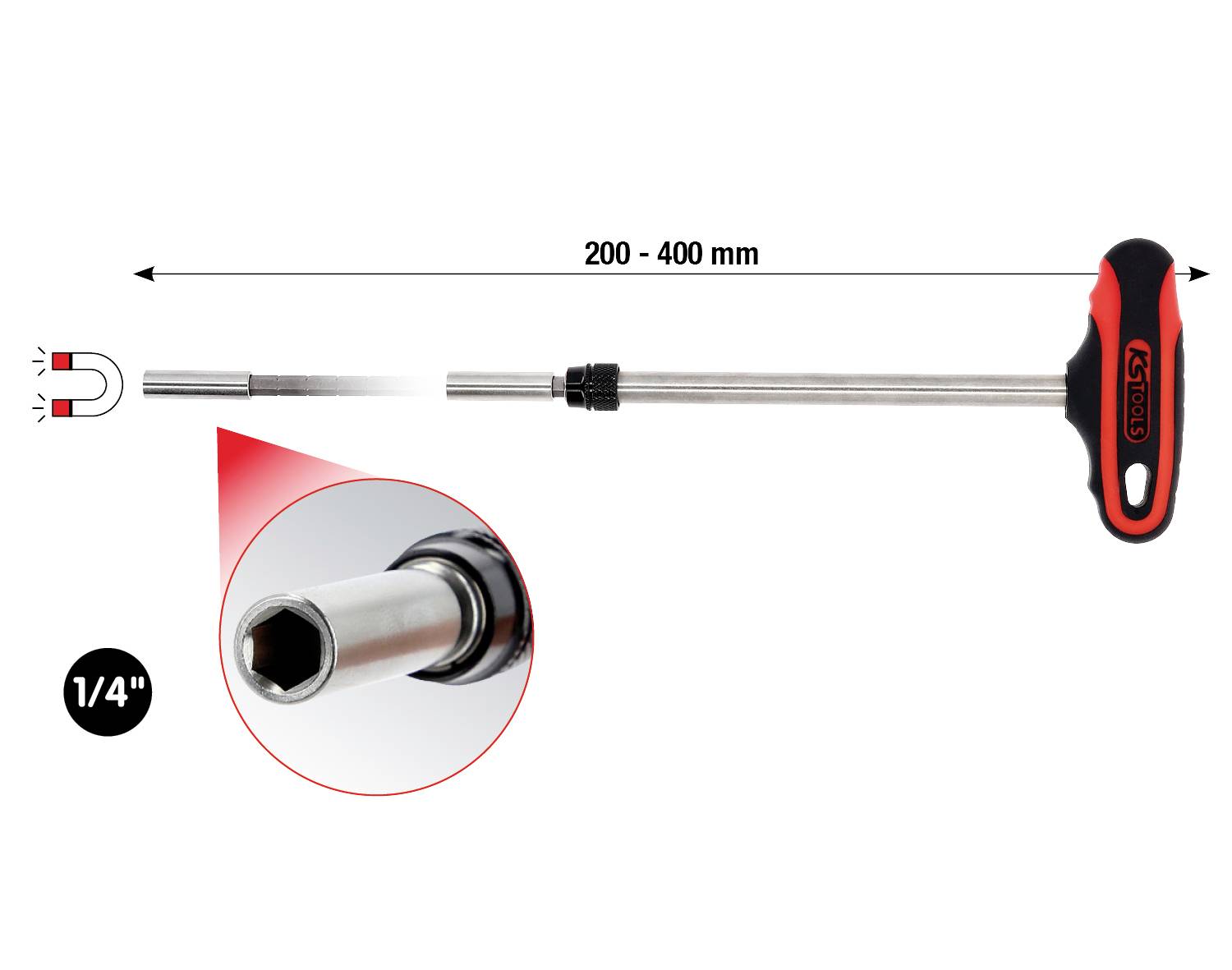 Ein T-Griff-Magnetstab, längenverstellbar von 200 bis 400 mm. Zeigt einen 1/4 Zoll Kopf mit magnetischer Spitze.
