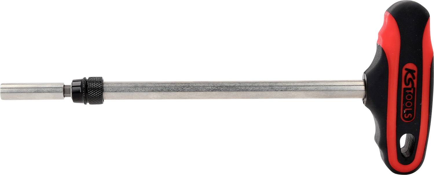 Ein T-Griff-Steckschlüsselschlüssel mit einem roten und schwarzen Griff, ideal für präzise Schraubarbeiten in engen Bereichen.