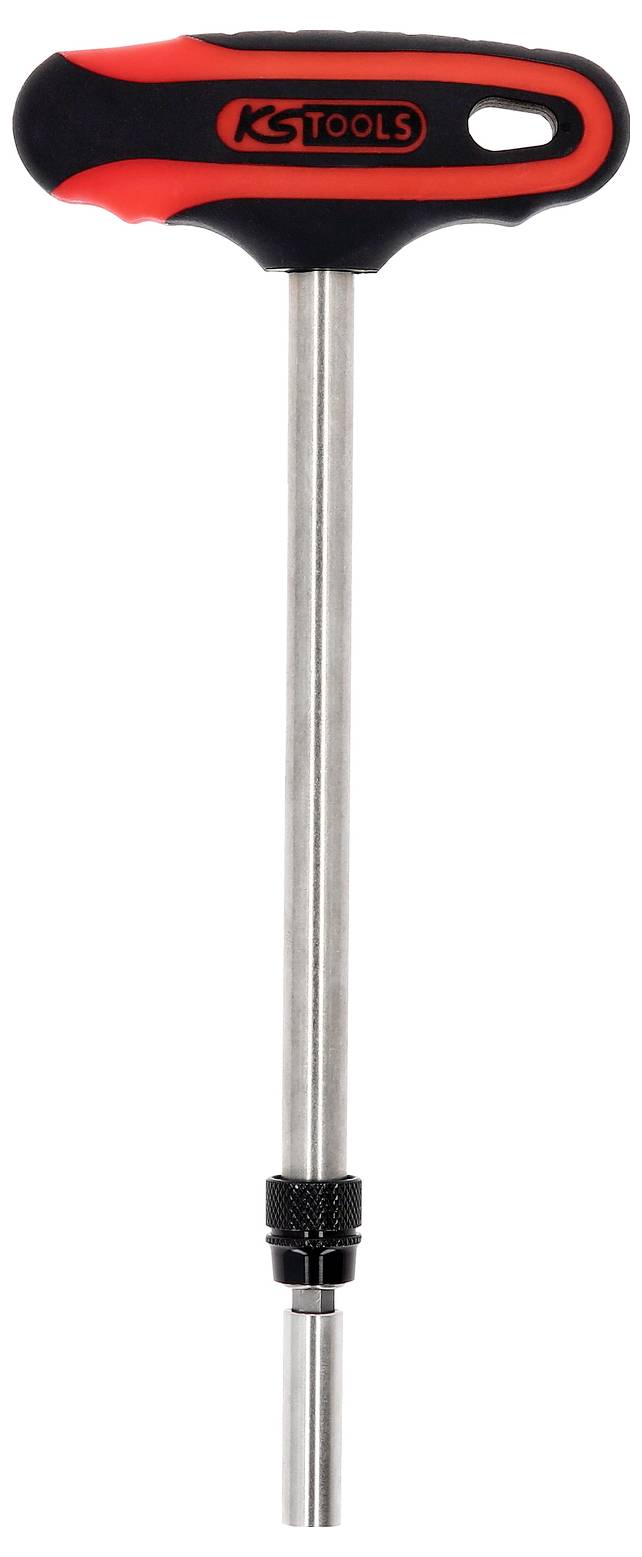 Ein Schraubendreher mit T-Griff, schwarzer und roter Griff, langer Metallschaft, geeignet für verschiedene Reparaturen und Montagen.