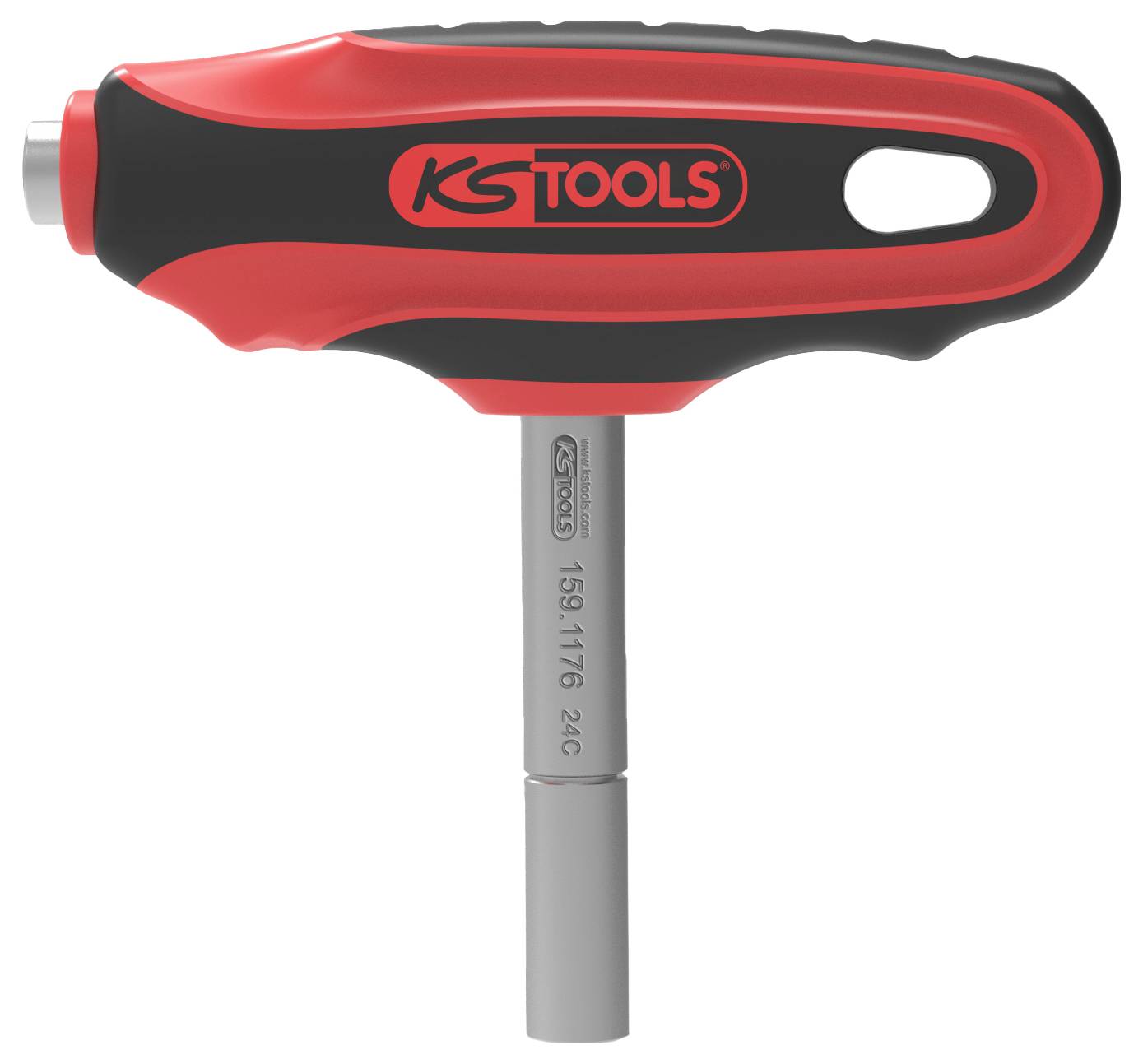 Roter Griff eines Werkzeuges mit der Aufschrift 'KS TOOLS'. Ein langer Metallstift ragt senkrecht heraus, ähnlich einem Schraubendreher.