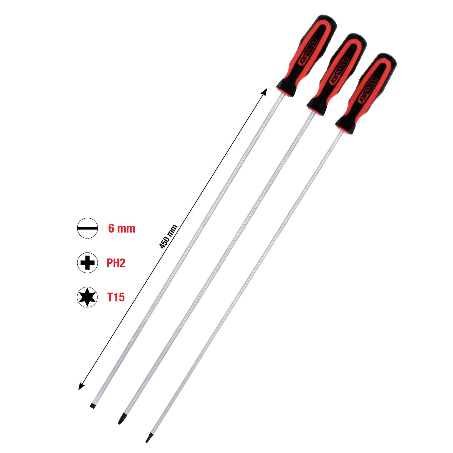 Drei lange Schraubendreher mit roten und schwarzen Griffen, Größen: 6 mm, PH2, T15, Länge 450 mm.
