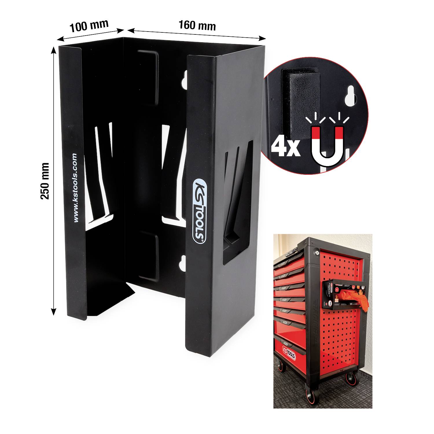 Magnetischer Halter für Werkzeugkasten, Maße: Höhe 250 mm, Breite 160 mm, Tiefe 100 mm, hält bis zu 4 Magneten, zur Befestigung an Werkstattwagen geeignet.