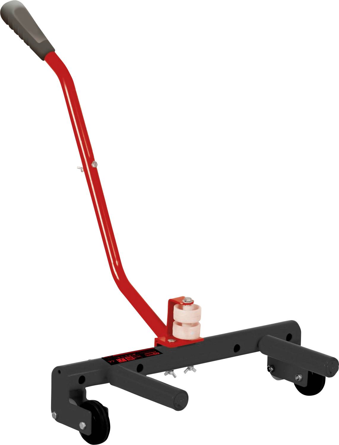 Rotes Wagenheber-Werkzeug mit schwarzem Rahmen und Griff. Zwei Räder und Hebel zur Unterstützung beim Anheben von Fahrzeugen.