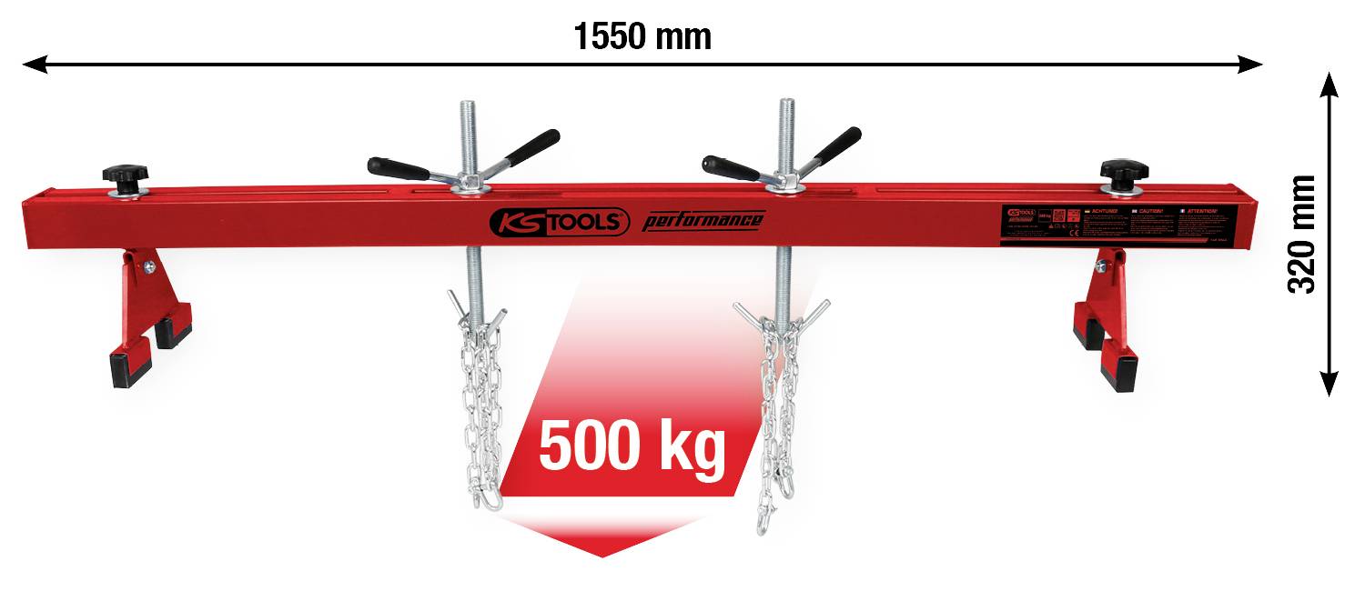 Rote Motorbrücke von KS Tools mit einer Tragfähigkeit von 500 kg, einer Breite von 1550 mm und einer Höhe von 320 mm, mit vier Halterungen.
