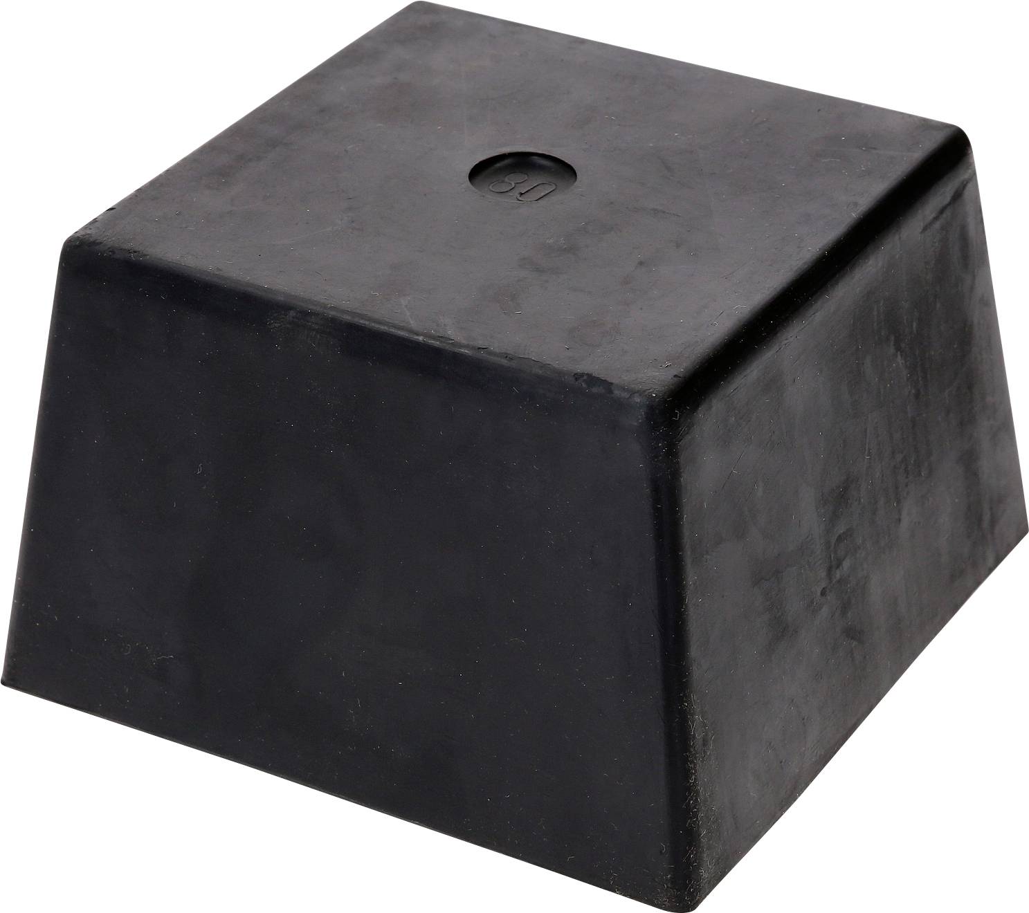 Ein schwarzer, quadratischer Gummifuß, der als Stoßdämpfer oder Schutz für Möbel oder Geräte dient.