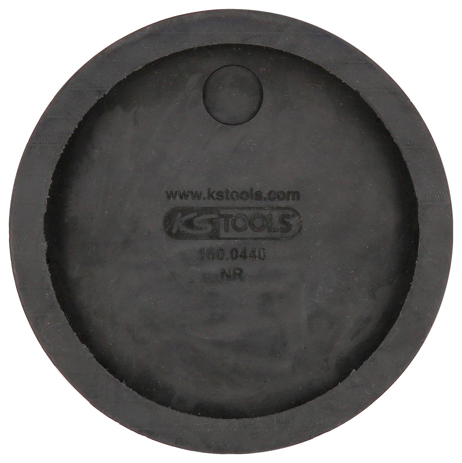 Ein runder, schwarzer Gummipuffer mit Aufschrift 'kstools.com', zentrales Loch oben. Dient als Stoßdämpfer oder Schutz.