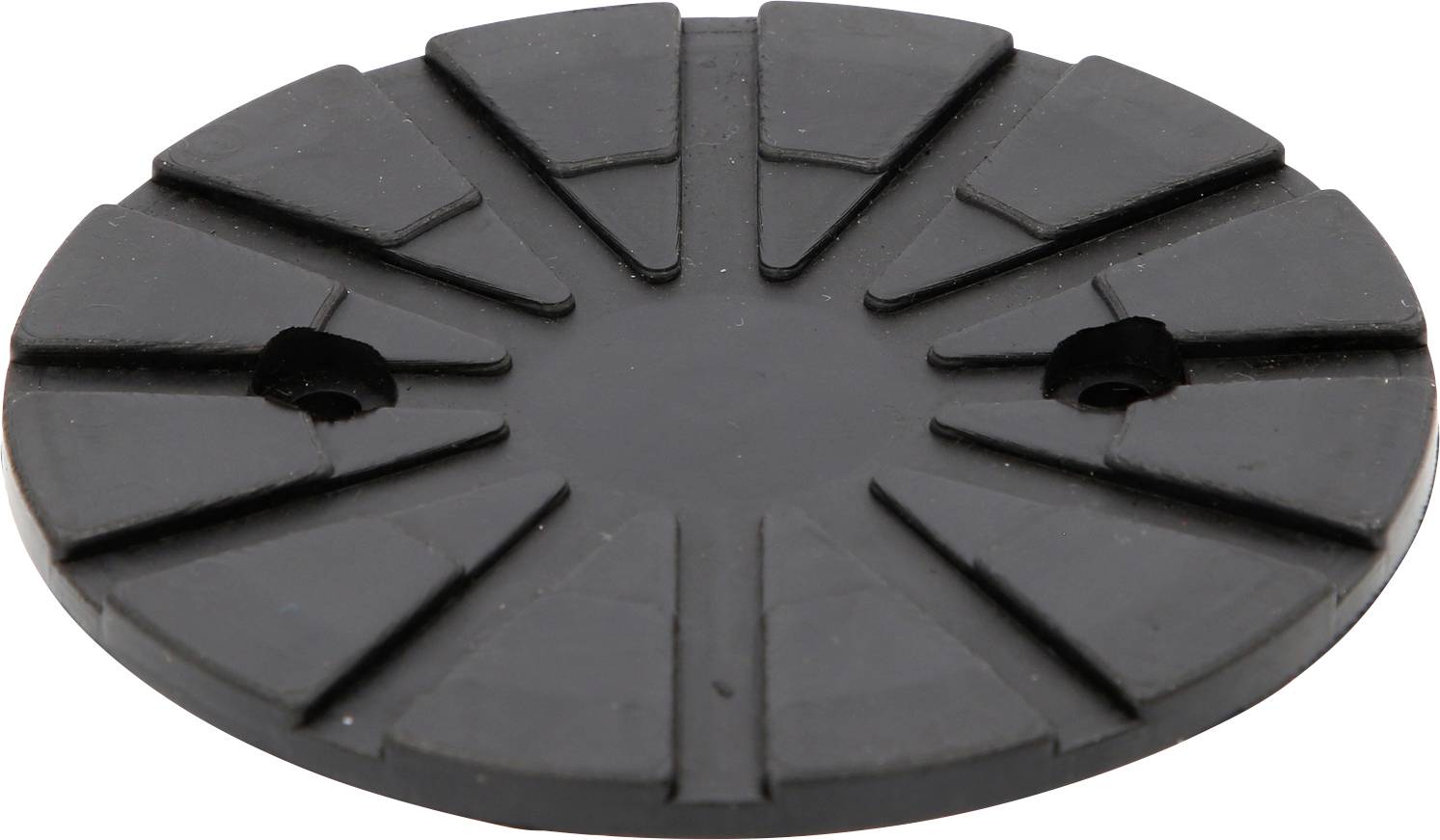 Schwarze runde Gummischeibe mit Rillen, zwei kleinen Löchern, flach auf einem weißen Hintergrund liegend.