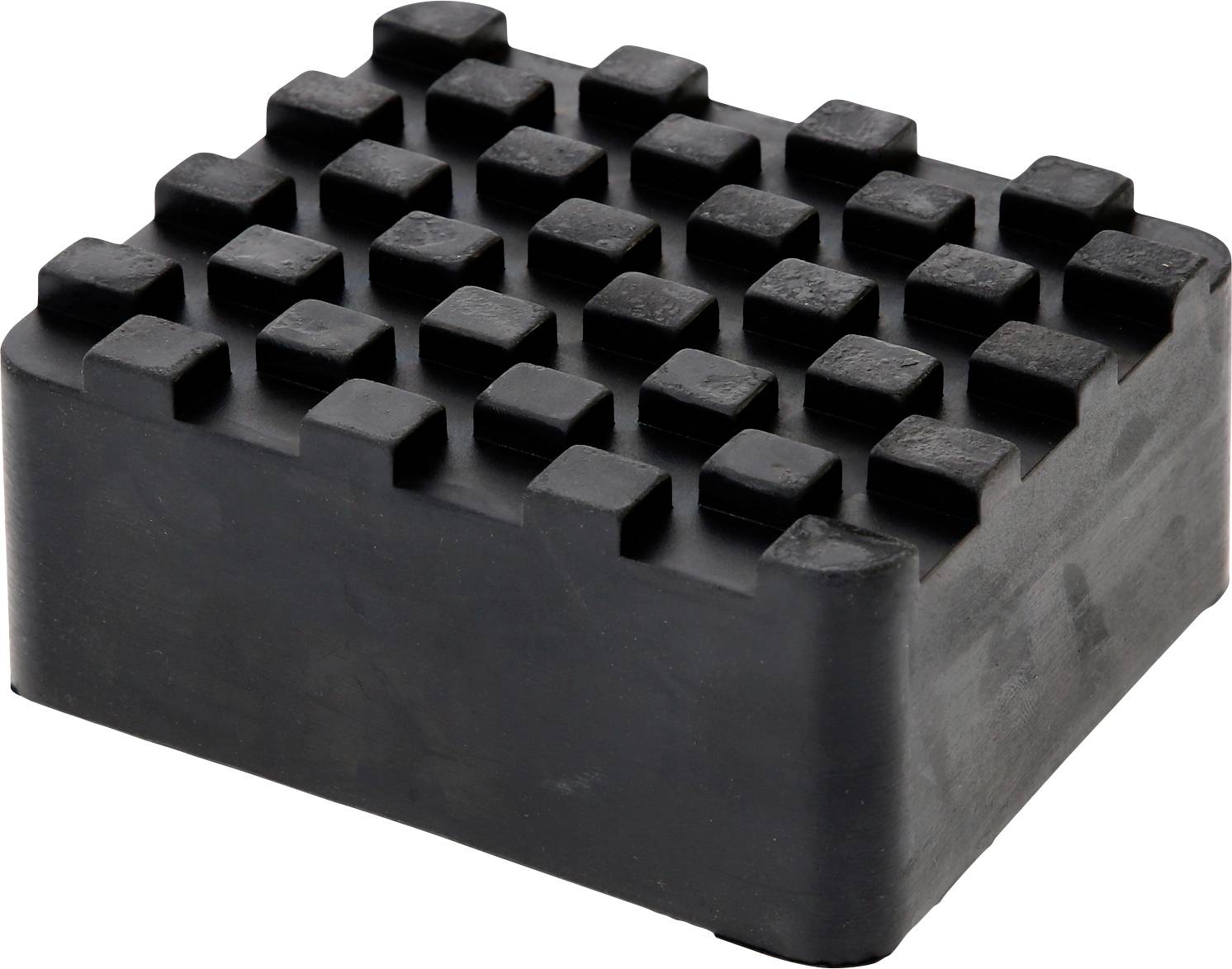 Schwarzer Gummiblock mit quadratischen Erhebungen auf der Oberseite, geeignet als Stoßdämpfer oder Antirutschunterlage.