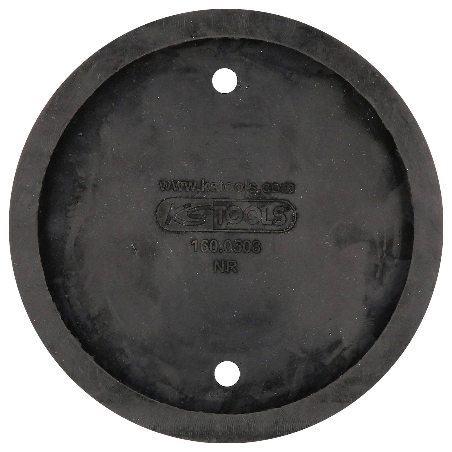 Runde schwarze Gummischeibe mit zwei Löchern. Kleines Loch oben, größeres in der Mitte mit Aufschrift 'KSTOOLS' und Seriennummer.