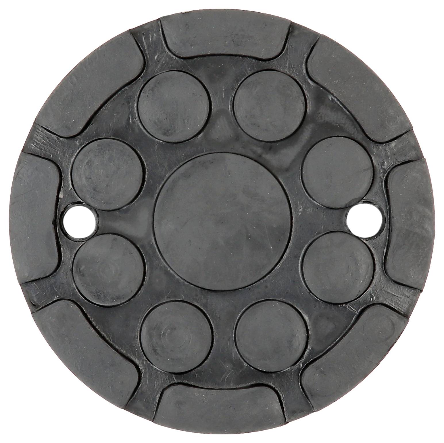 Runde schwarze Gummischeibe mit zwei Löchern und einem kreisförmigen Muster aus sieben erhabenen Kreisen.