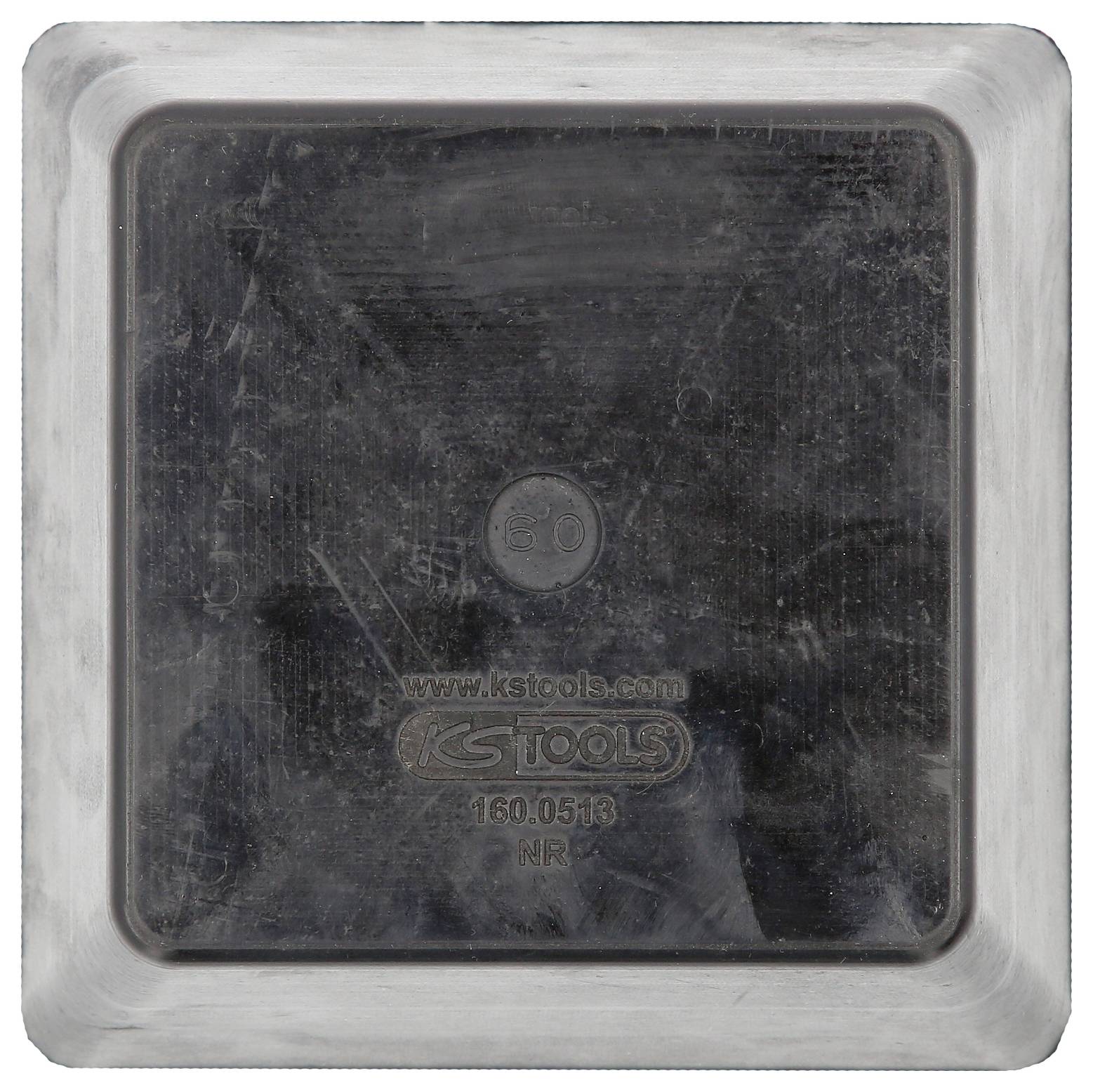 'KS Tools Gummiprotektor 160.0513' auf einer quadratischen Metallplatte, für Schutz von Wagenhebern oder ähnlichen Werkzeugen.