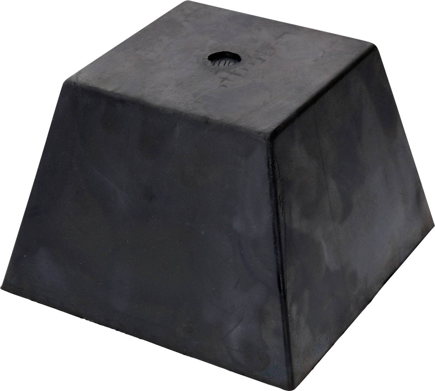 Schwarzes, trapezförmiges Objekt mit glatter Oberfläche und zentralem Loch.