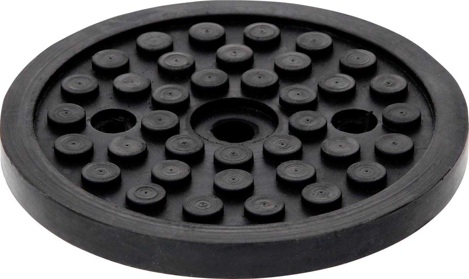Rundes, schwarzes Gummipad mit mehreren Noppen zur Verwendung als Antirutschmatte oder Stoßschutz.