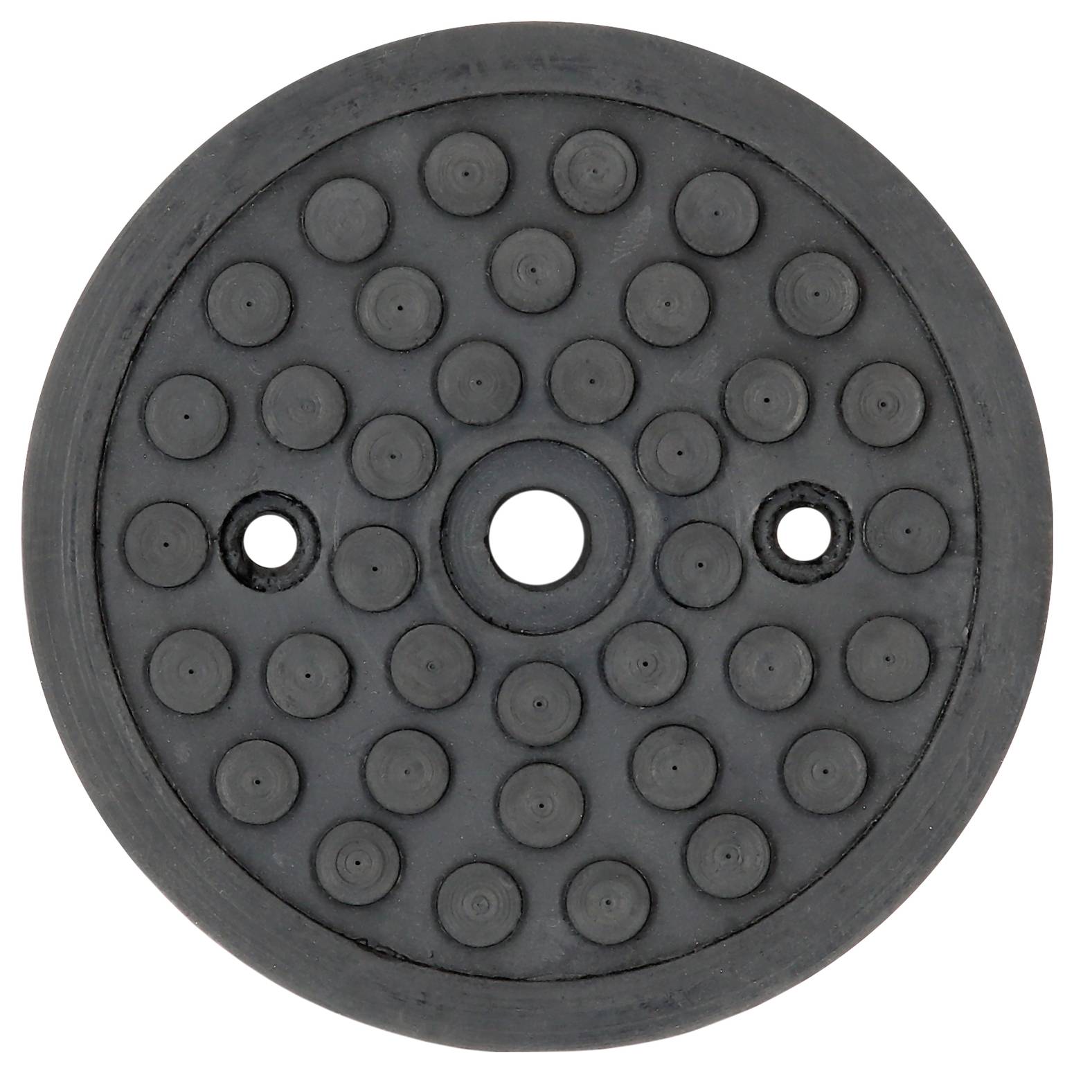 Eine schwarze, runde Gummimatte mit mehreren erhabenen Punkten und drei mittigen Löchern, vermutlich zur Verwendung bei mechanischen Geräten.