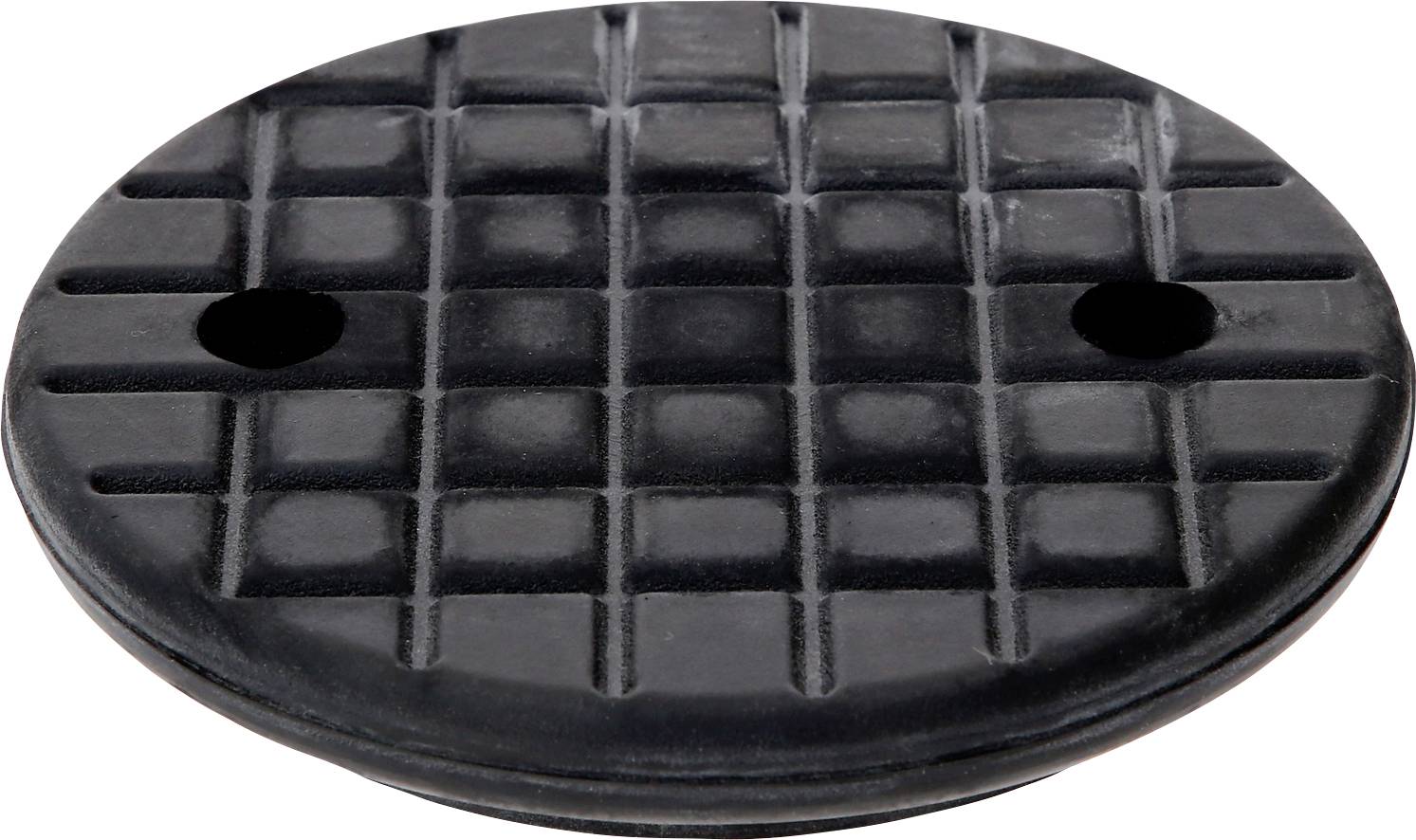 Ein runder, schwarzer, gitterförmiger Gegenstand mit zwei Löchern, vermutlich ein Abflussdeckel oder eine Abdeckung.