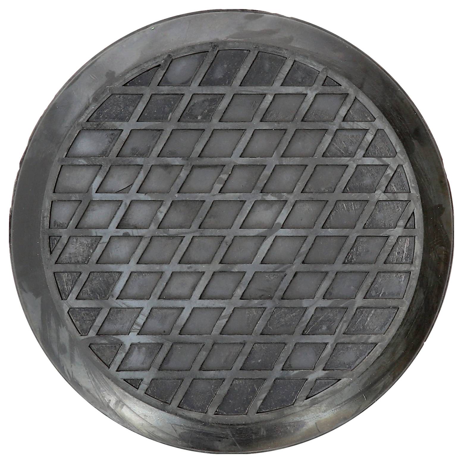 Runder Kanaldeckel mit rautenförmigem Gittermuster aus Metall.